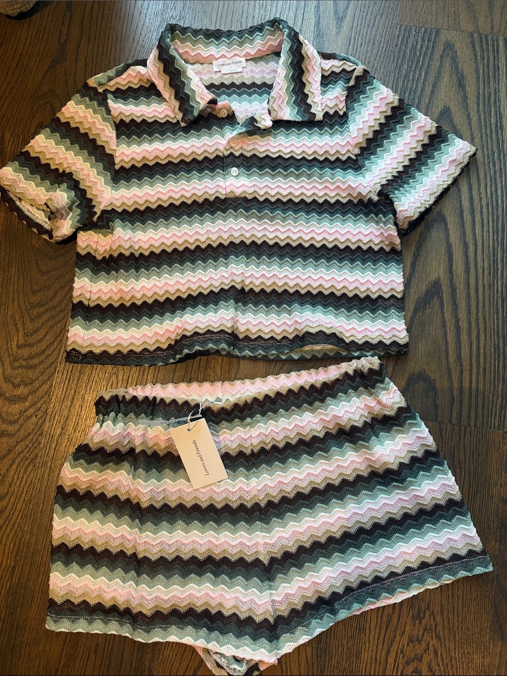Lovers + Friends Chevron Short Pajama Set in Pink, Mint & Black